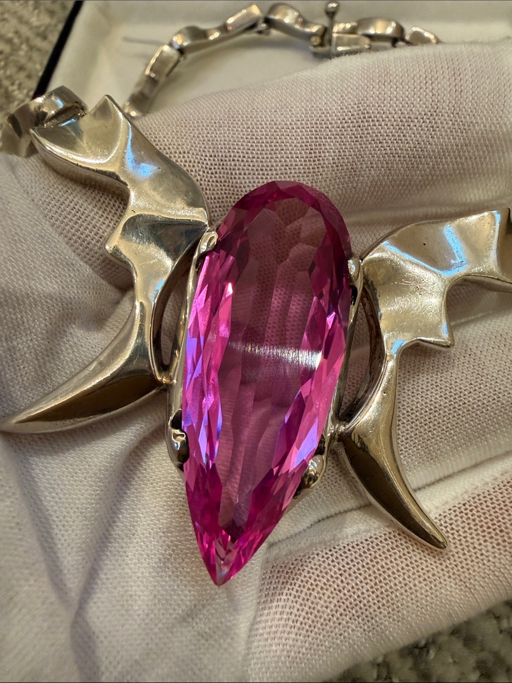 Taxco 216 grams Sterling Silver Scarab Necklace with Lab grown Pink Sapphire - Picture 5 of 7